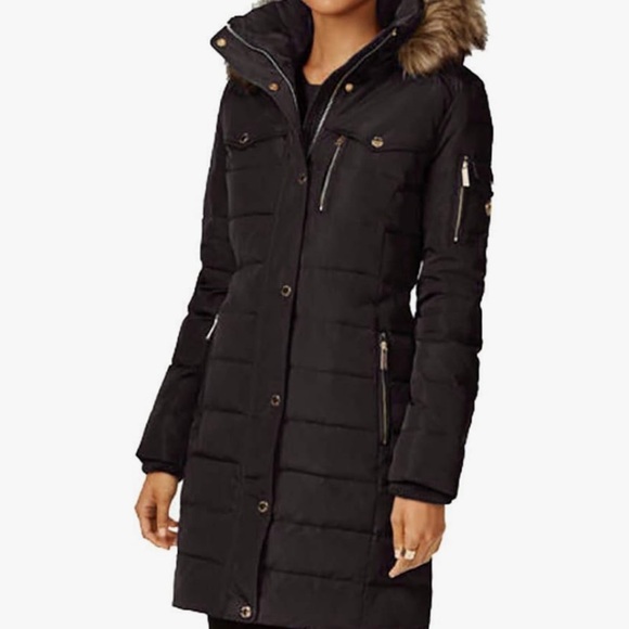 Women's Michael Kors’ Black Puffer Coat with Faux Fur Trim - Picture 1 of 1
